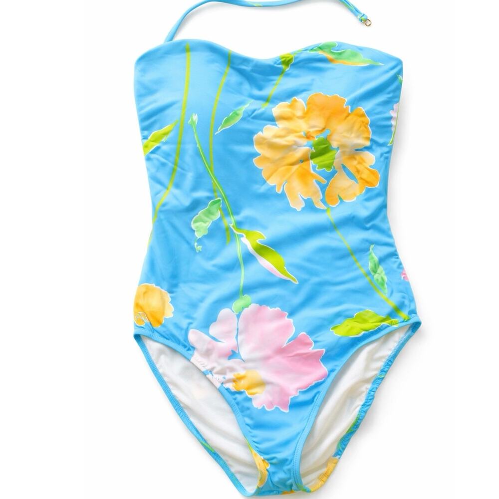Ralph Lauren One Piece Swimsuit Women 14 10 Aqua Floral Strapless
